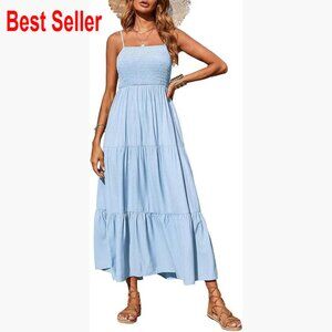 Polyester Summer Maxi Dress with Spaghetti Strap Smocked Tiered Boho
